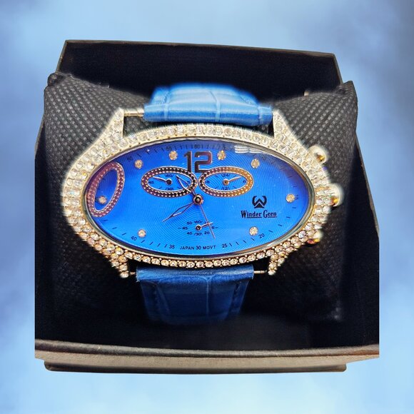 Winder Geen Blue Crystal Oval Watch – NEW Genuine Leather Band main image 8